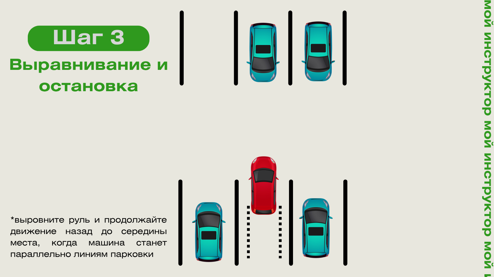 Перпендикулярная парковка: шаг 3 — выравнивание и остановка автомобиля